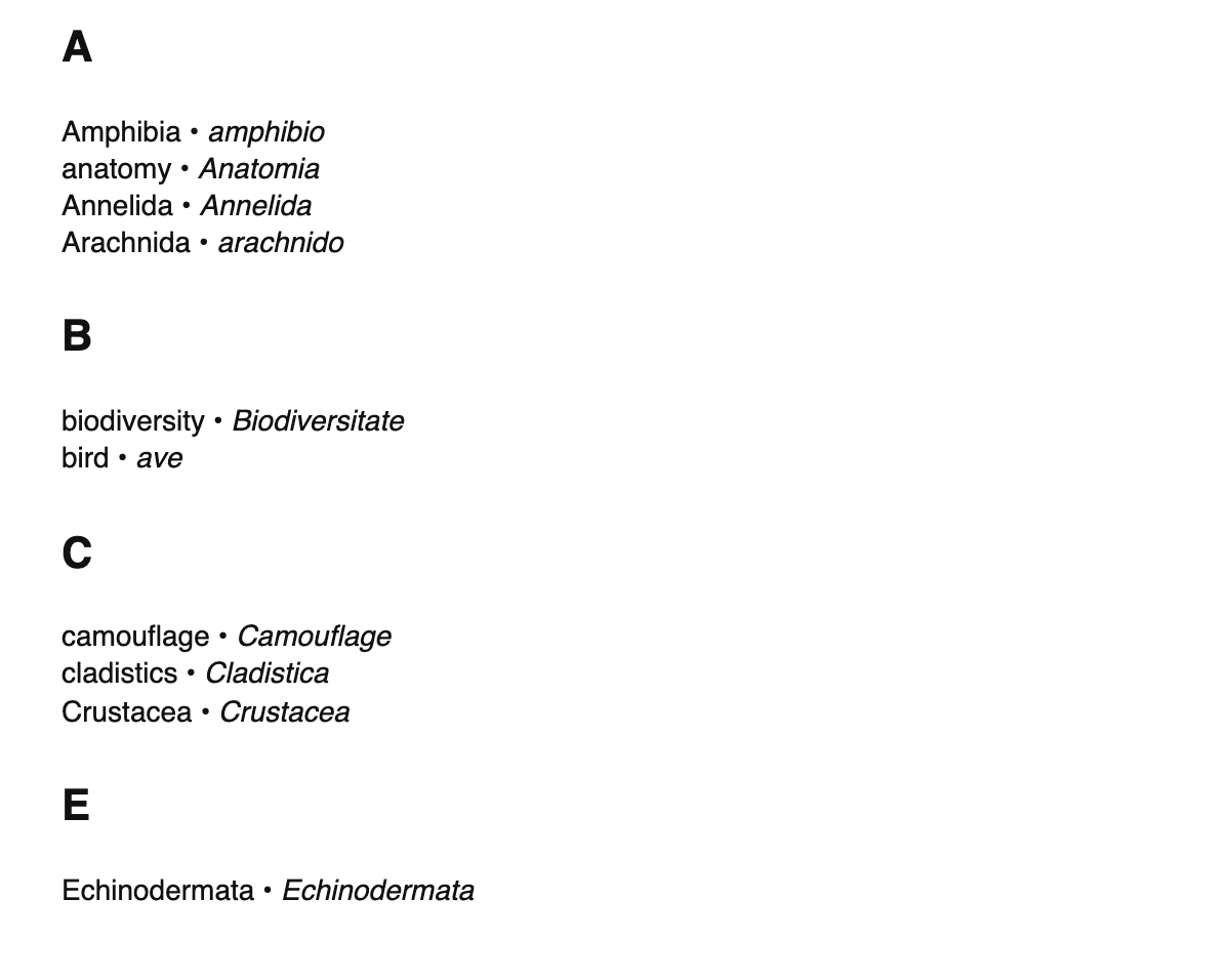 Zoology terms in Interlingua
