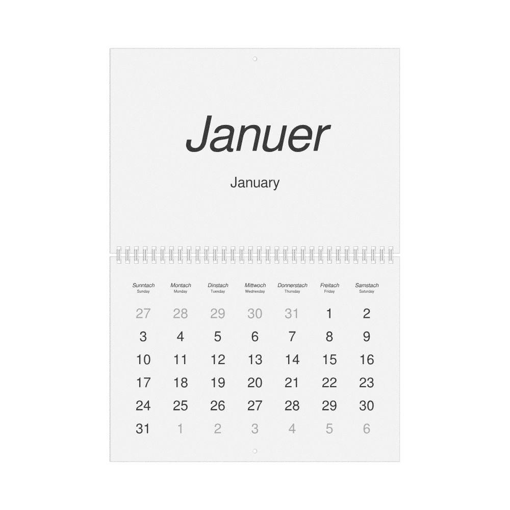 Leskoff 2027 Wall Calendar, Hunsrik/English-Labeled, Sunday-Start Layout, Wire-Bound, 11.7 x 8.3 in (29.7 x 21.0 cm), image 1 of 1