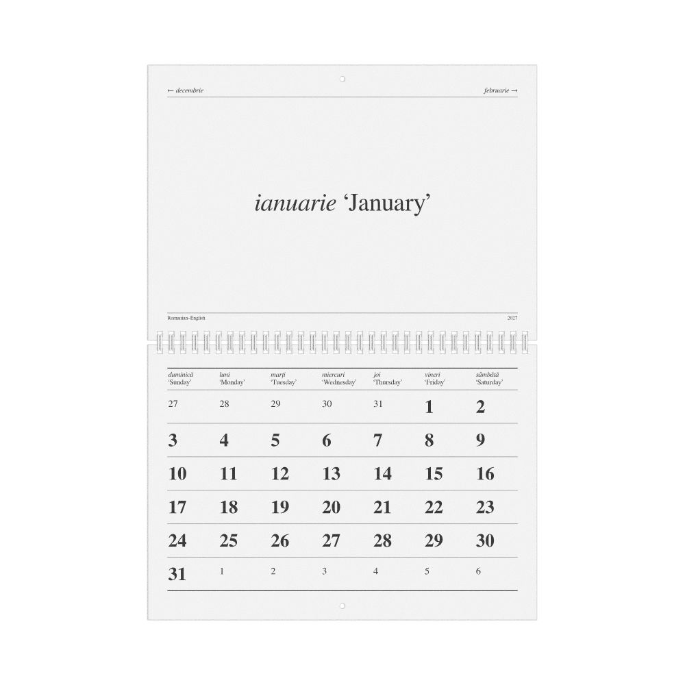 Leskoff 2027 Romanian-Language Calendar, Romanian/English-Labeled, Sunday-Start Layout, image 1 of 1