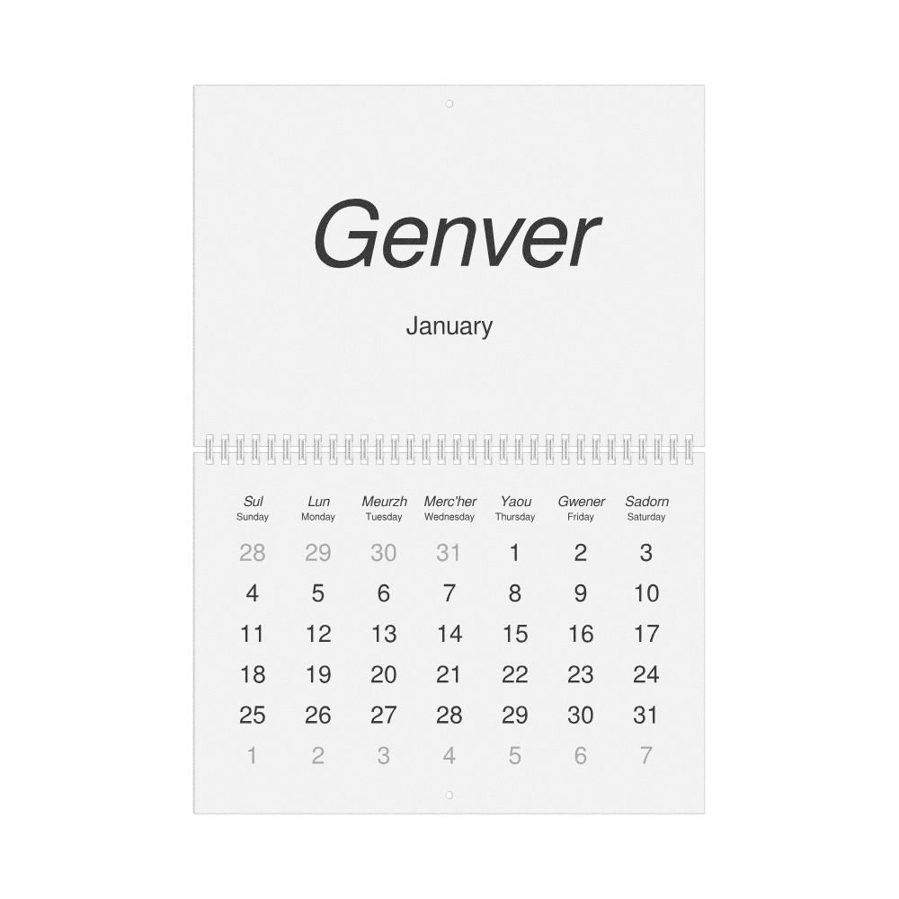 Leskoff 2026 Wall Calendar, Breton/English-Labeled, Sunday-Start Layout, Wire-Bound, 11.7 x 8.3 in (29.7 x 21.0 cm), image 1 of 1