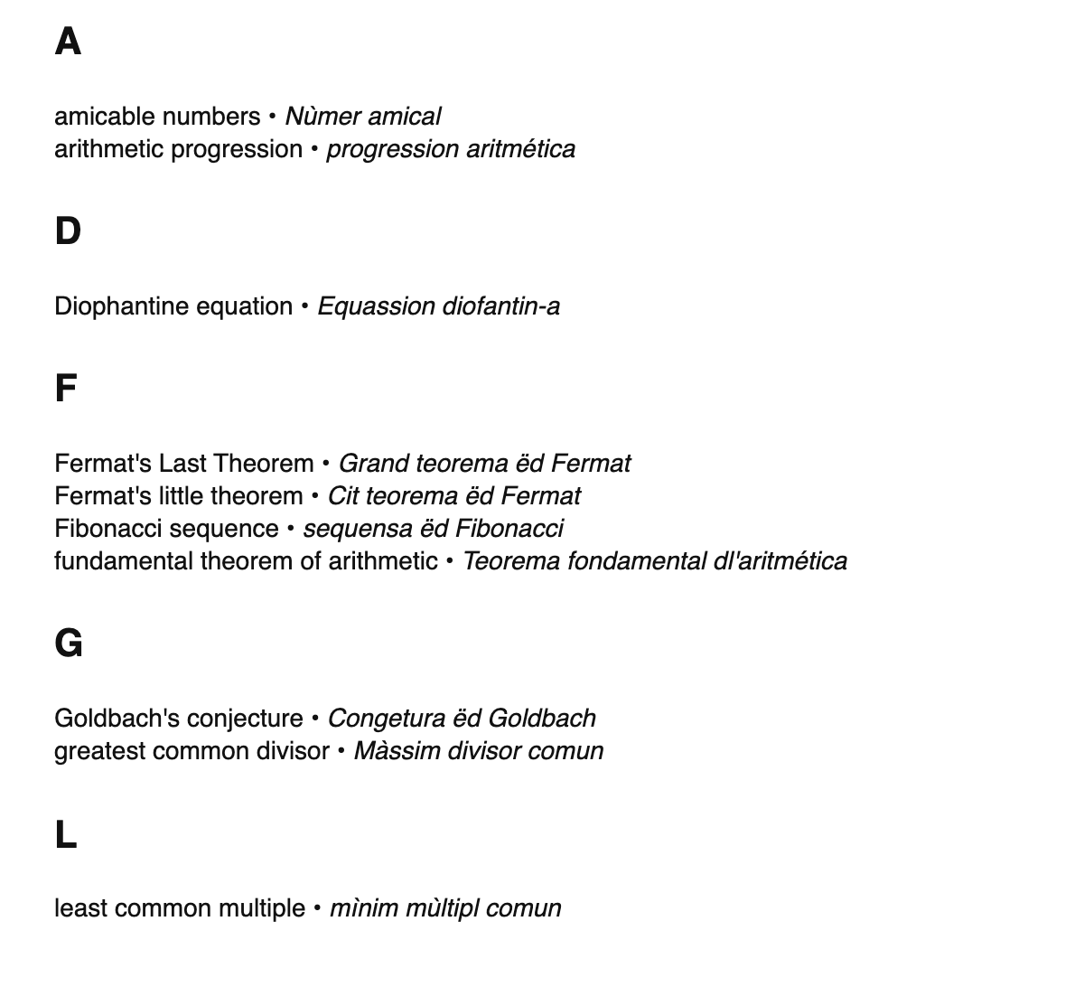 Number theory terms in Piedmontese