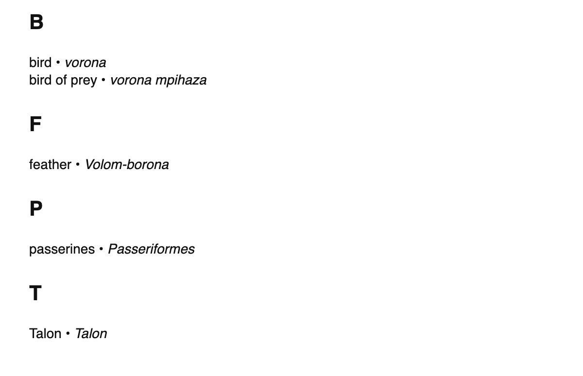 Ornithology terms in Malagasy