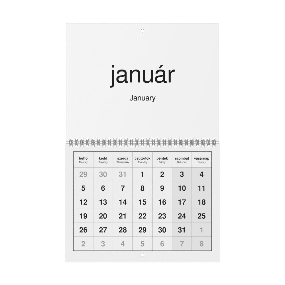 Leskoff 2026 Wall Calendar, Hungarian/English-Labeled, Monday-Start Layout, Wire-Bound, 11 x 8.5 in (27.9 x 21.6 cm), image 1 of 1