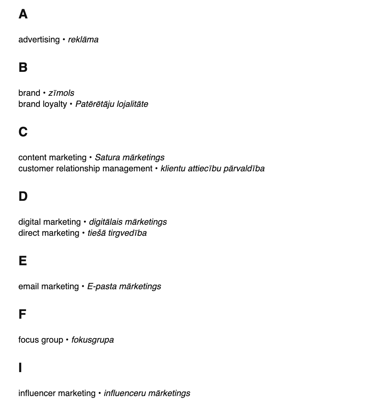 Marketing terms in Latvian