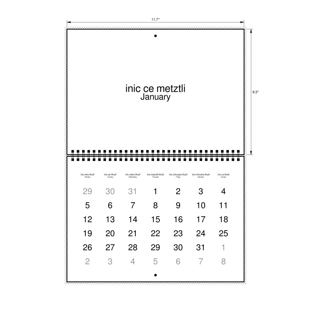 Leskoff 2026 Wall Calendar, Nahuatl/English-Labeled, Monday-Start Layout, Wire-Bound, 11.7 x 8.3 in (29.7 x 21.0 cm), image 1 of 1