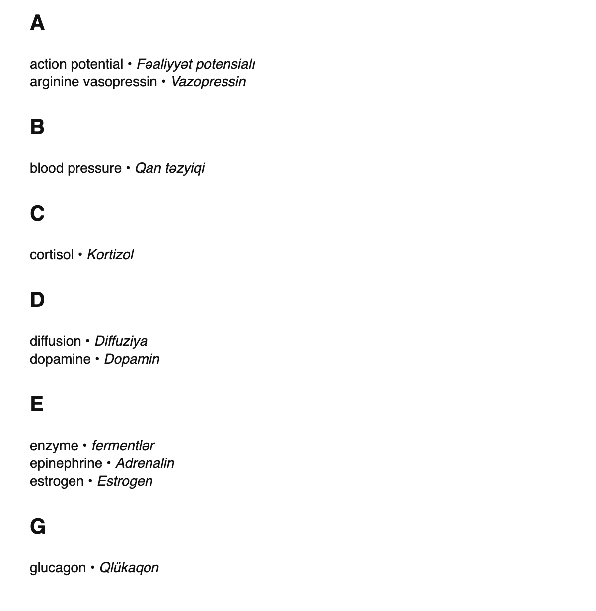 Physiology terms in Azerbaijani