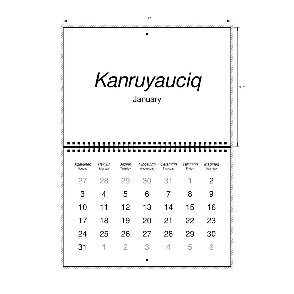Leskoff 2027 Wall Calendar, Yup'ik/English-Labeled, Sunday-Start Layout, Wire-Bound, 11.7 x 8.3 in (29.7 x 21.0 cm), image 2 of 2