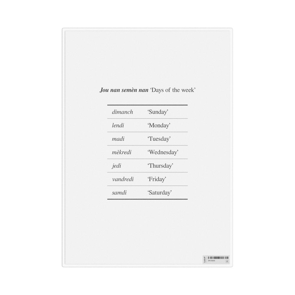 Leskoff Days of the Week in Haitian Creole, Desk Chart, 8.3 x 11.7 in (21.0 x 29.7 cm), image 1 of 1