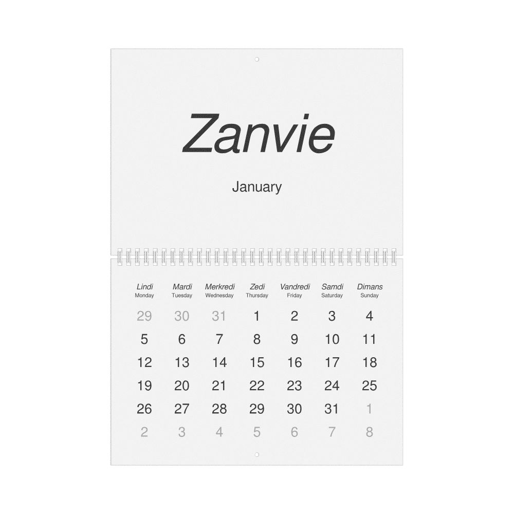 Leskoff 2026 Wall Calendar, Mauritian Creole/English-Labeled, Monday-Start Layout, Wire-Bound, 11.7 x 8.3 in (29.7 x 21.0 cm), image 1 of 1