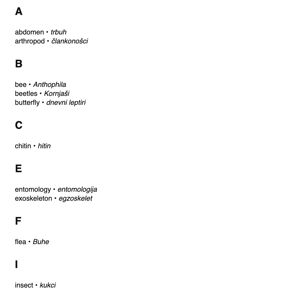 Entomology terms in Croatian