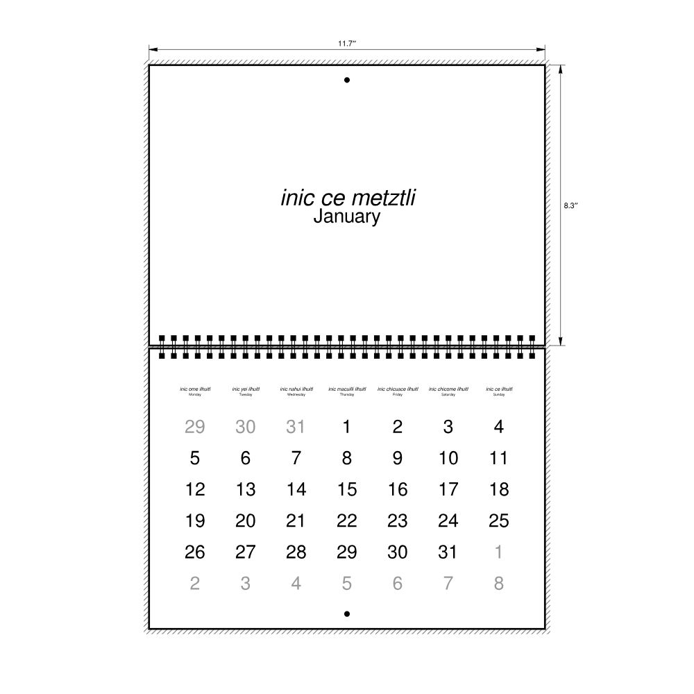 Leskoff 2026 Wall Calendar, Nahuatl/English-Labeled, Monday-Start Layout, Wire-Bound, 11.7 x 8.3 in (29.7 x 21.0 cm), image 2 of 2
