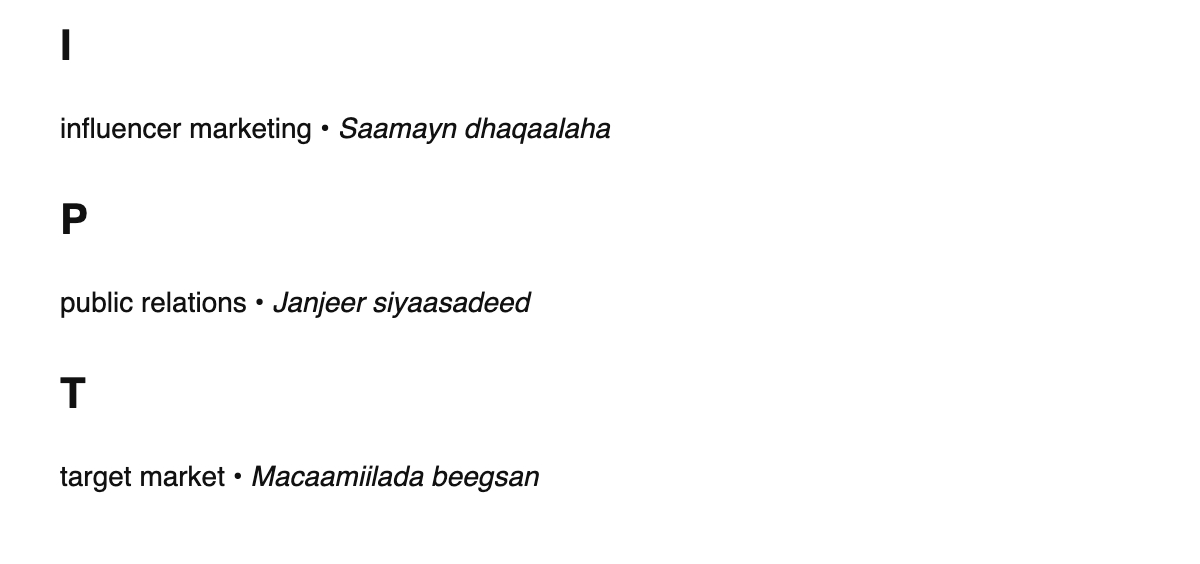 Marketing terms in Somali