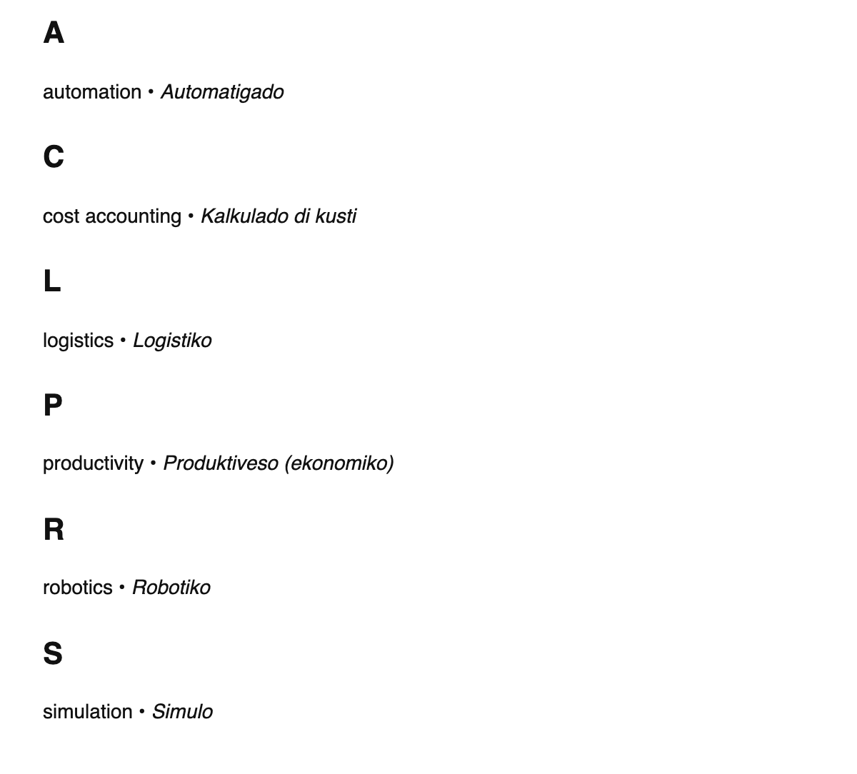 Industrial engineering terms in Ido