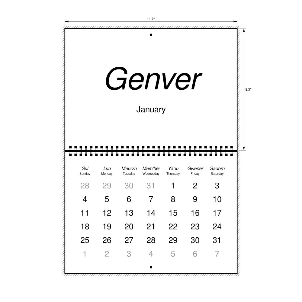 Leskoff 2026 Wall Calendar, Breton/English-Labeled, Sunday-Start Layout, Wire-Bound, 11.7 x 8.3 in (29.7 x 21.0 cm), image 2 of 2