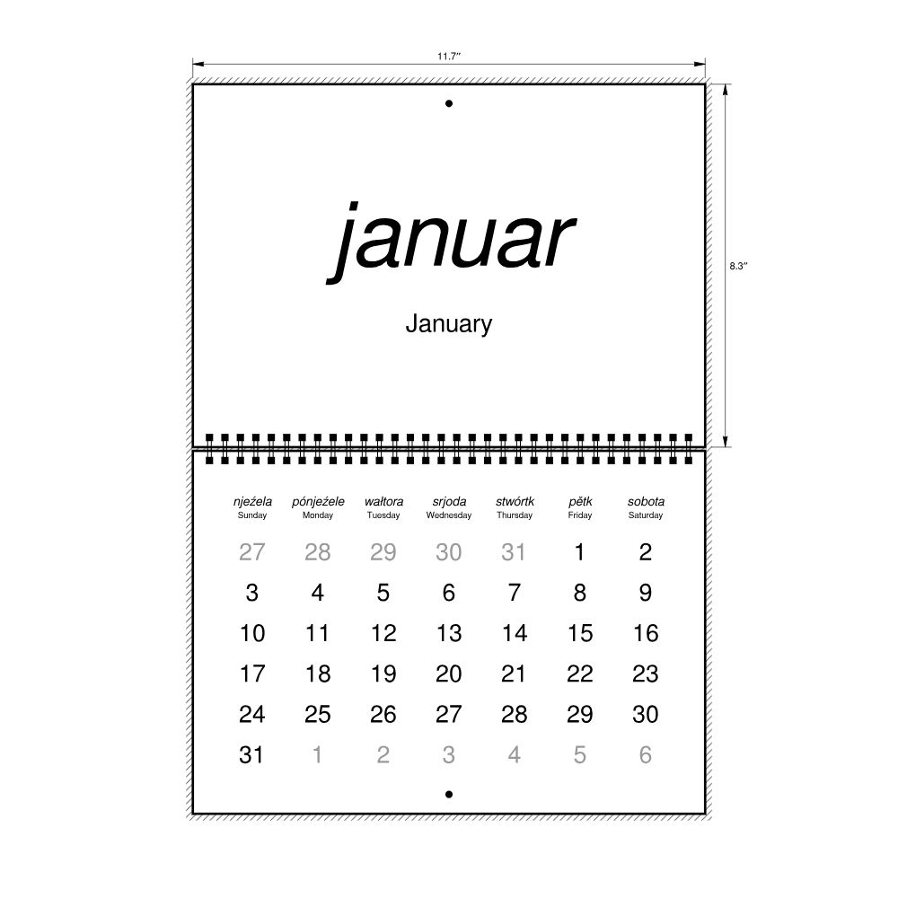 Leskoff 2027 Wall Calendar, Lower Sorbian/English-Labeled, Sunday-Start Layout, Wire-Bound, 11.7 x 8.3 in (29.7 x 21.0 cm), image 2 of 2