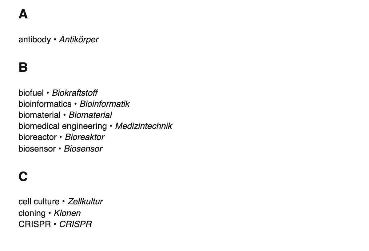 Bioengineering terms in German