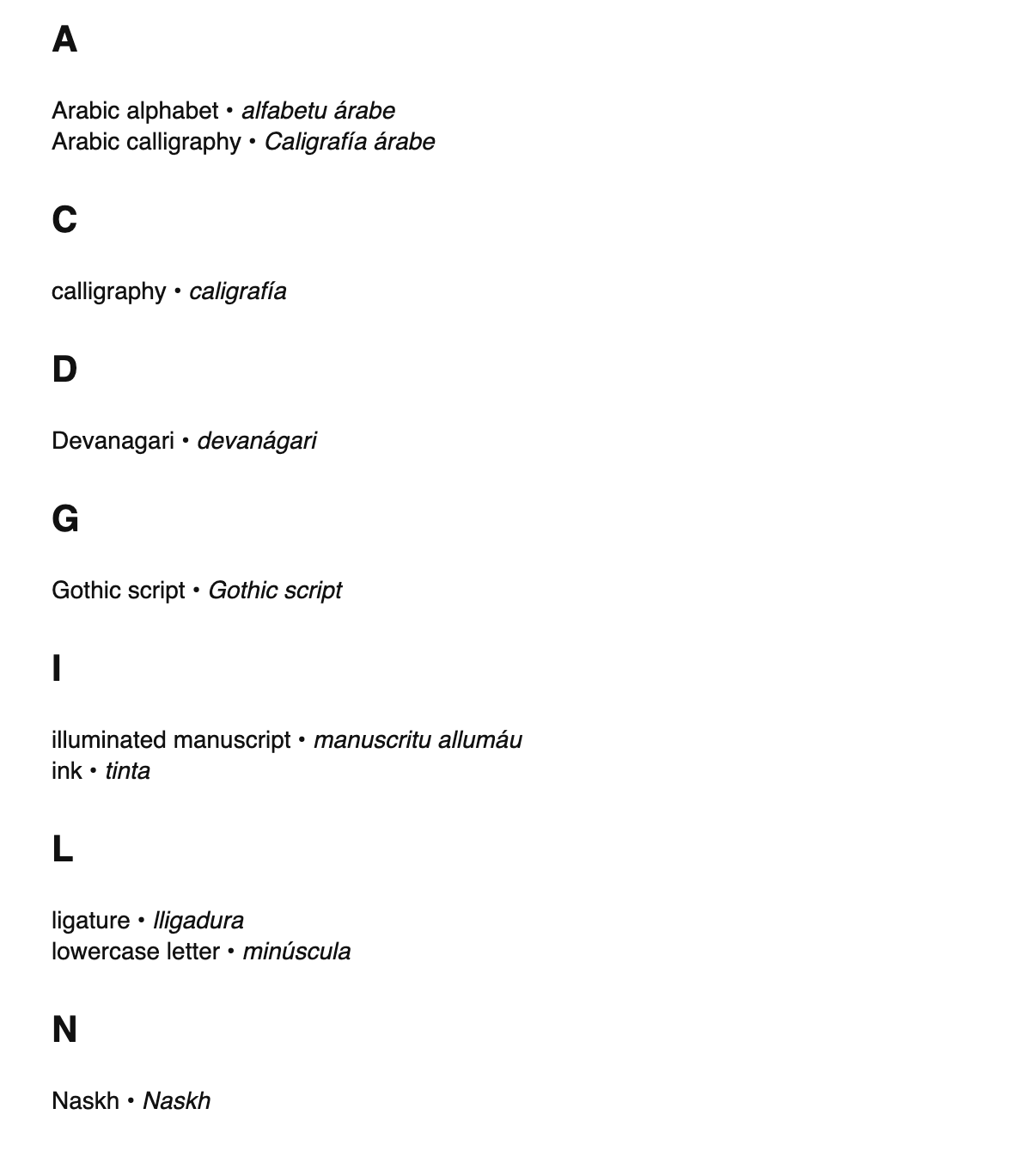 Calligraphy terms in Asturian