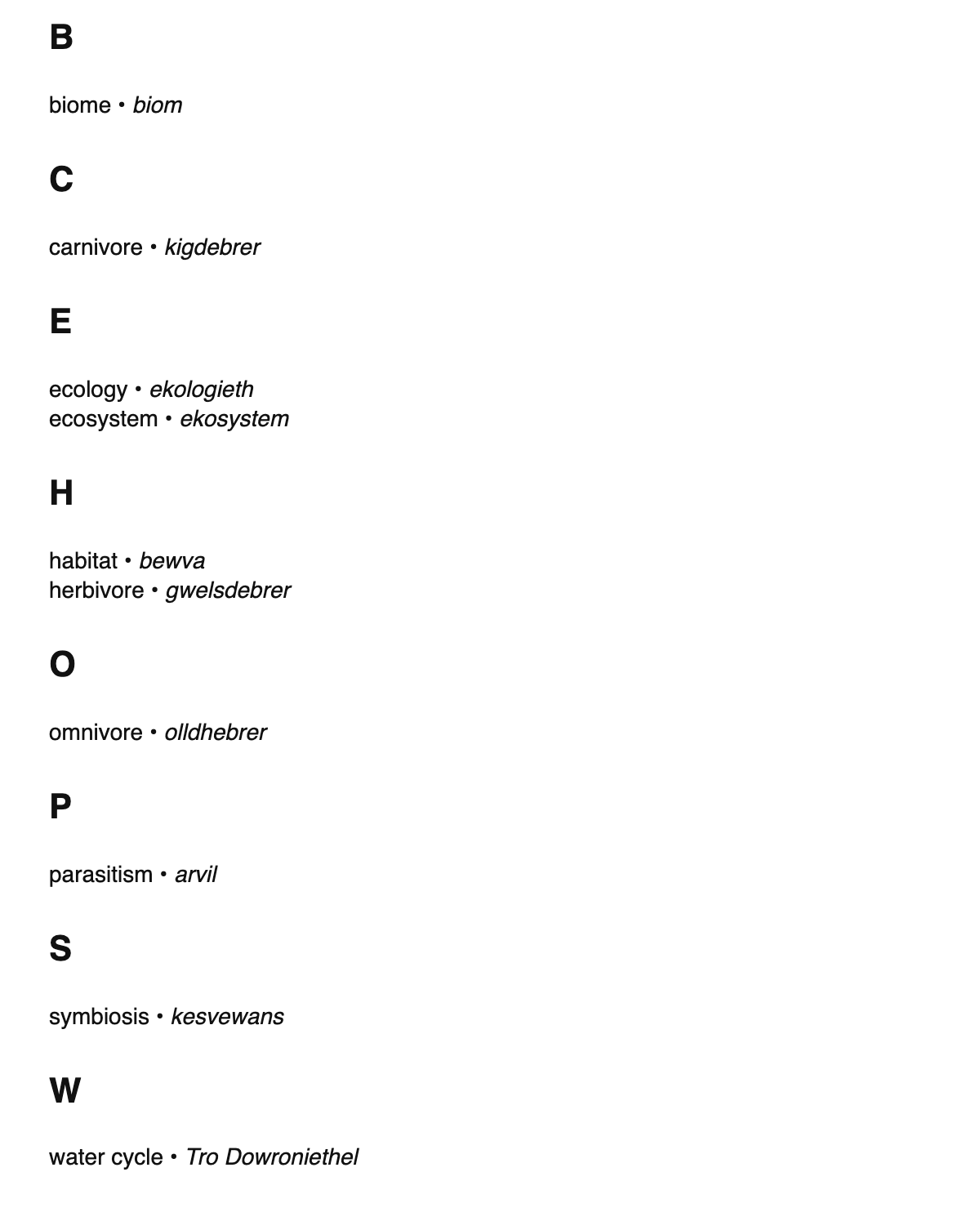 Ecology terms in Cornish