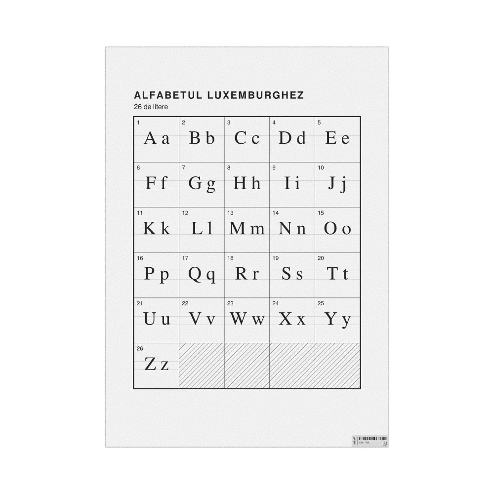 Leskoff Luxembourgish Alphabet Chart, 23.4 x 33.1 in (59.4 x 84.1 cm, Poster / Wall Chart), Romanian-Labeled, image 1 of 2