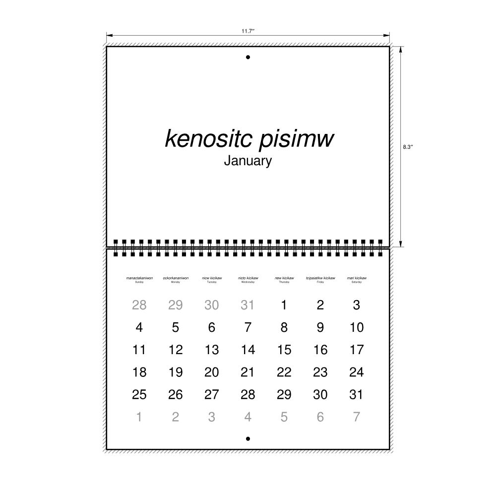 Leskoff 2026 Wall Calendar, Atikamekw/English-Labeled, Sunday-Start Layout, Wire-Bound, 11.7 x 8.3 in (29.7 x 21.0 cm), image 2 of 2