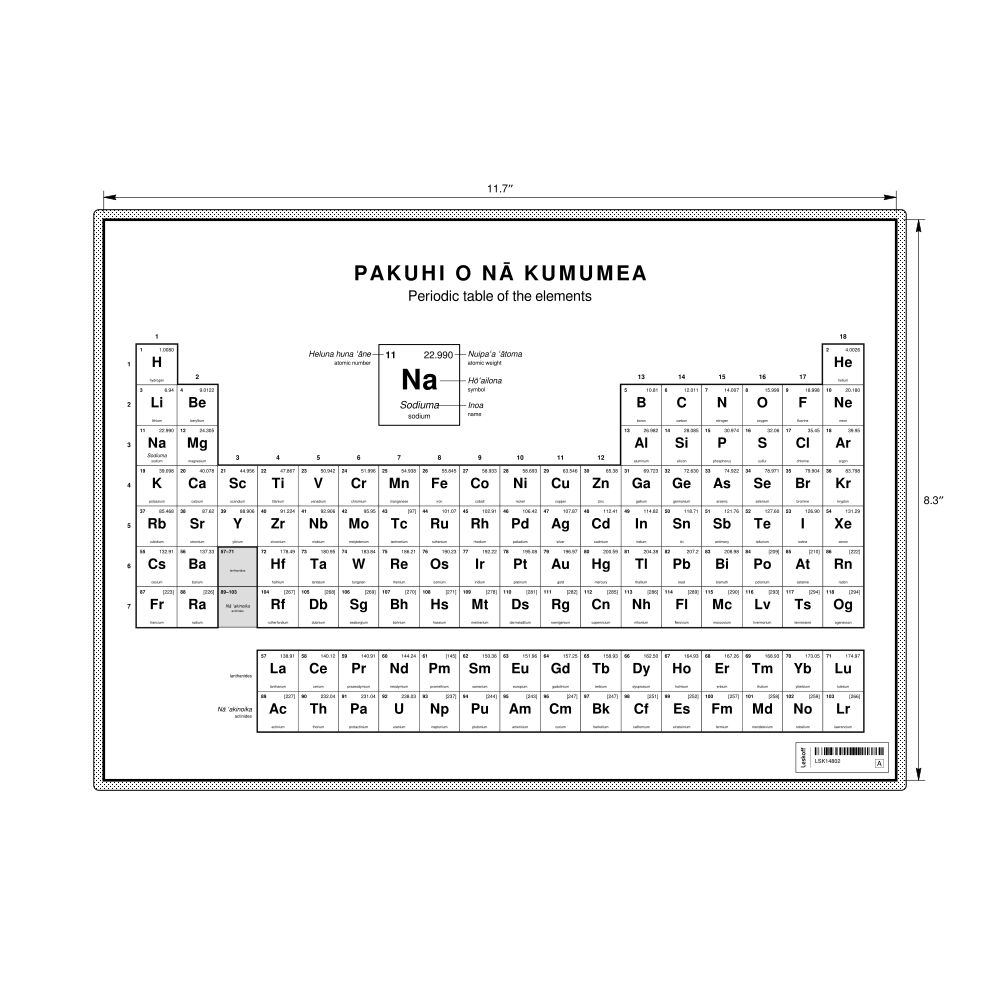 Leskoff Periodic Table Chart, 11.7 x 8.3 in (29.7 x 21.0 cm, Desk Chart, Laminated), 18-Column Layout, Hawaiian/English-Labeled, image 1 of 2