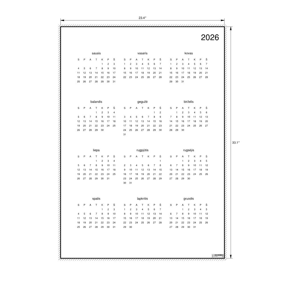 Leskoff 2026 Wall Calendar, Lithuanian-Labeled, Sunday-Start Layout, Poster / Wall Print, 23.4 x 33.1 in (59.4 x 84.1 cm), image 2 of 2