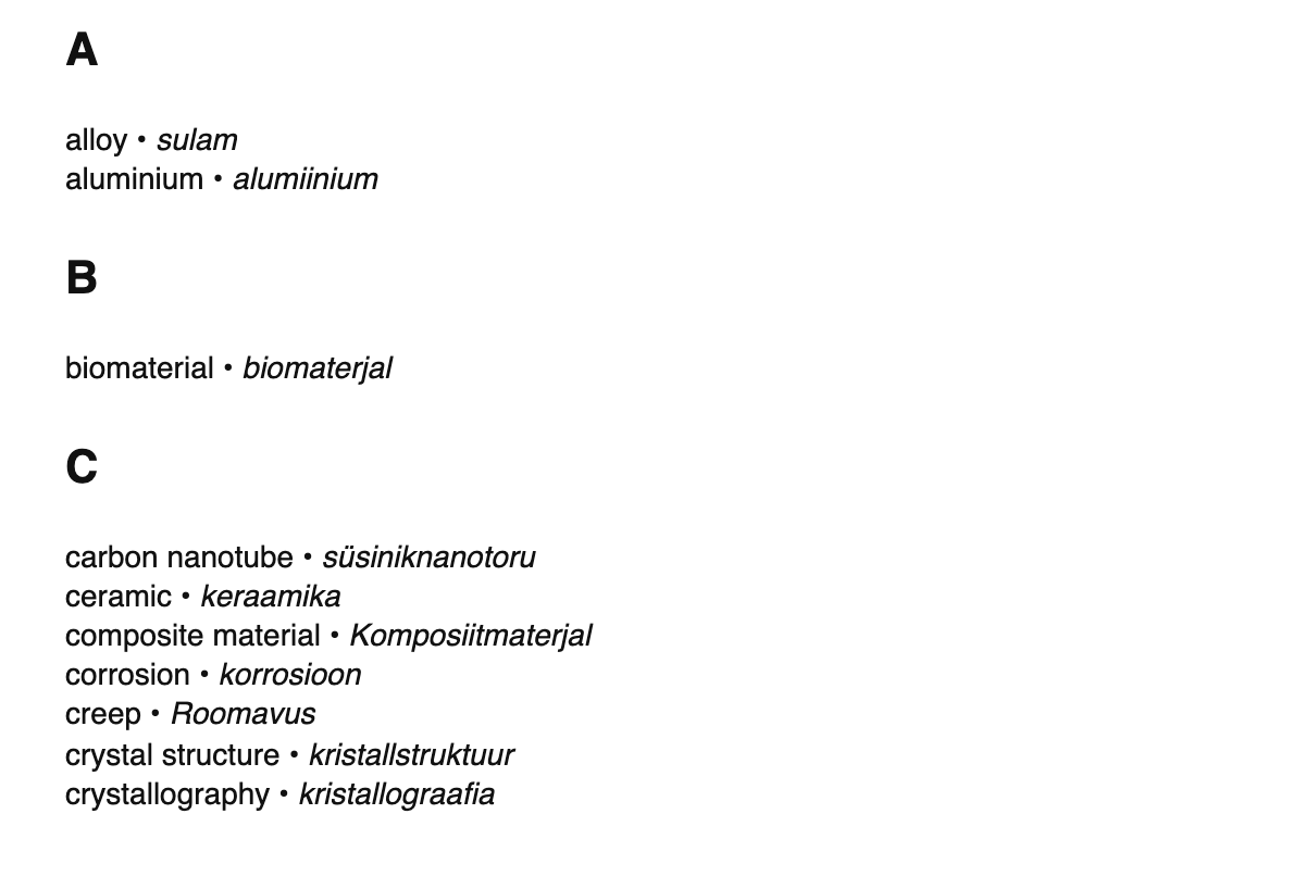 Materials science terms in Estonian