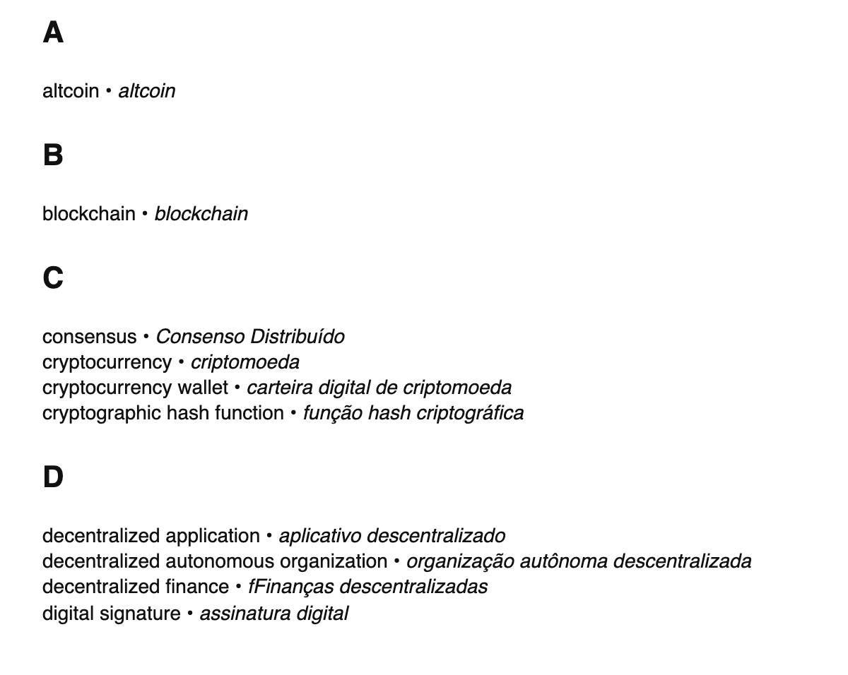 Blockchain terms in Portuguese