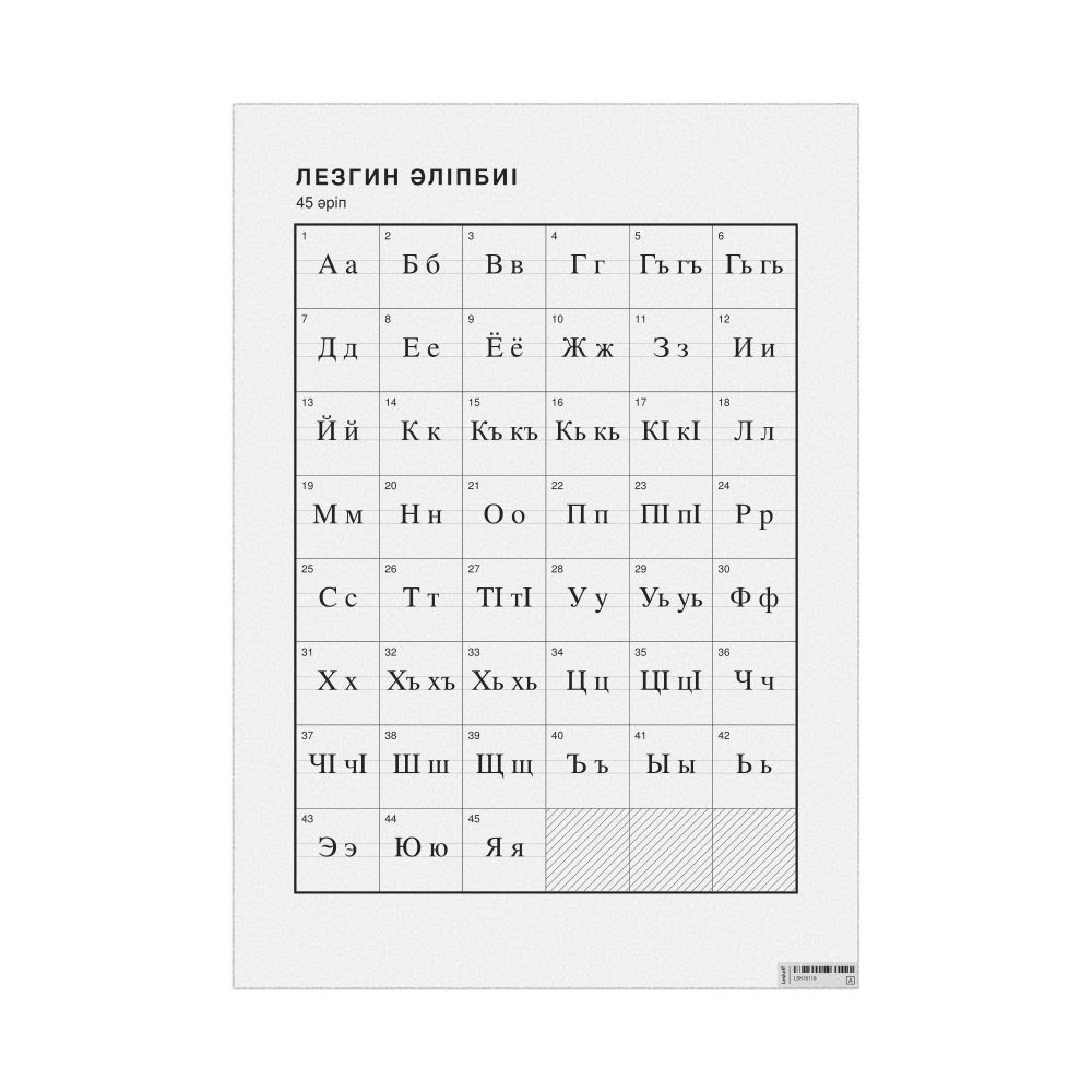 Leskoff Lezgian Alphabet Chart, 23.4 x 33.1 in (59.4 x 84.1 cm, Poster / Wall Chart), Kazakh-Labeled, image 1 of 2