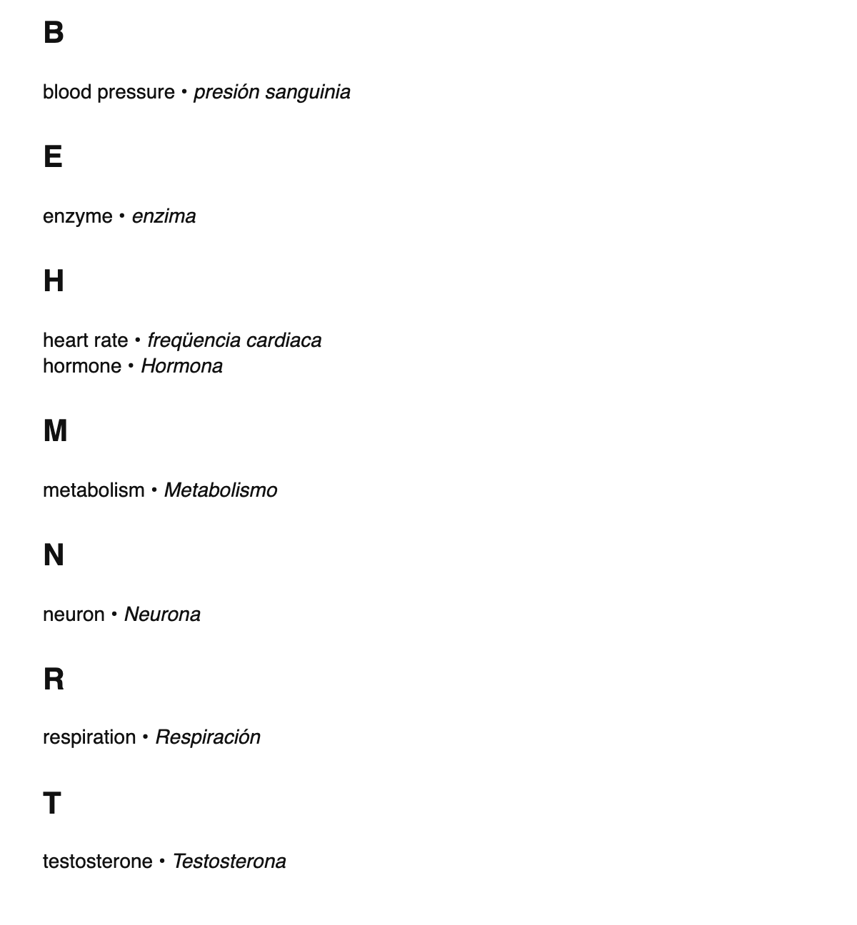 Physiology terms in Aragonese