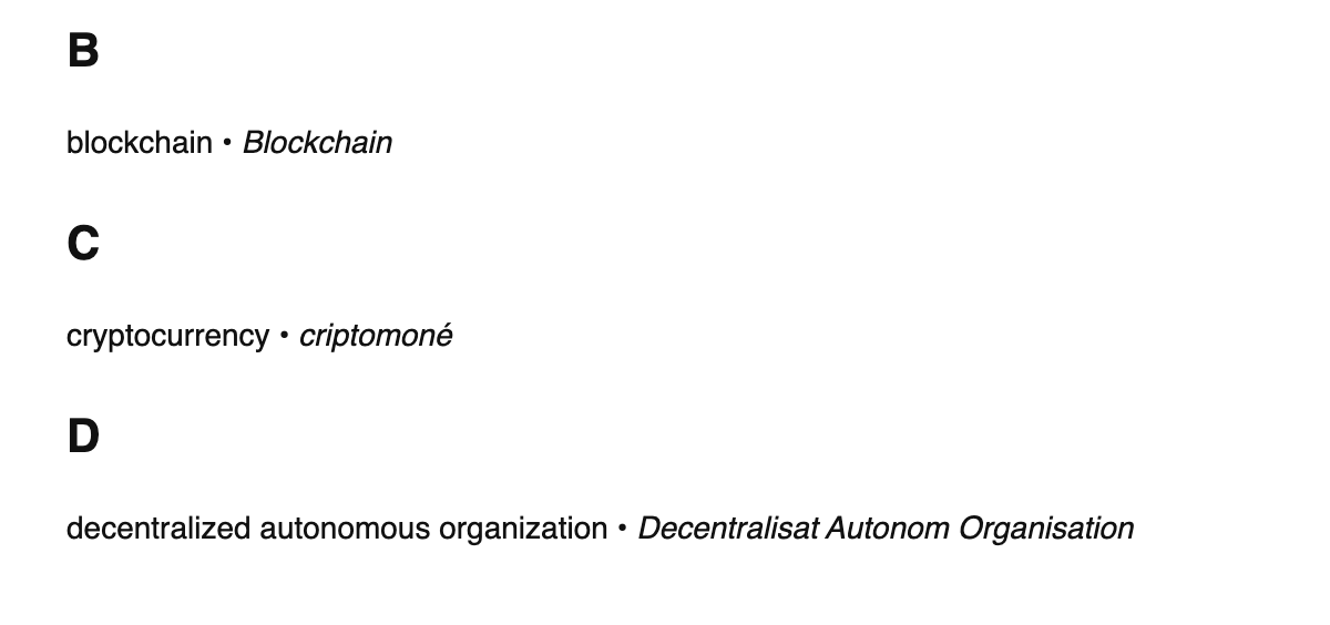 Blockchain terms in Interlingue