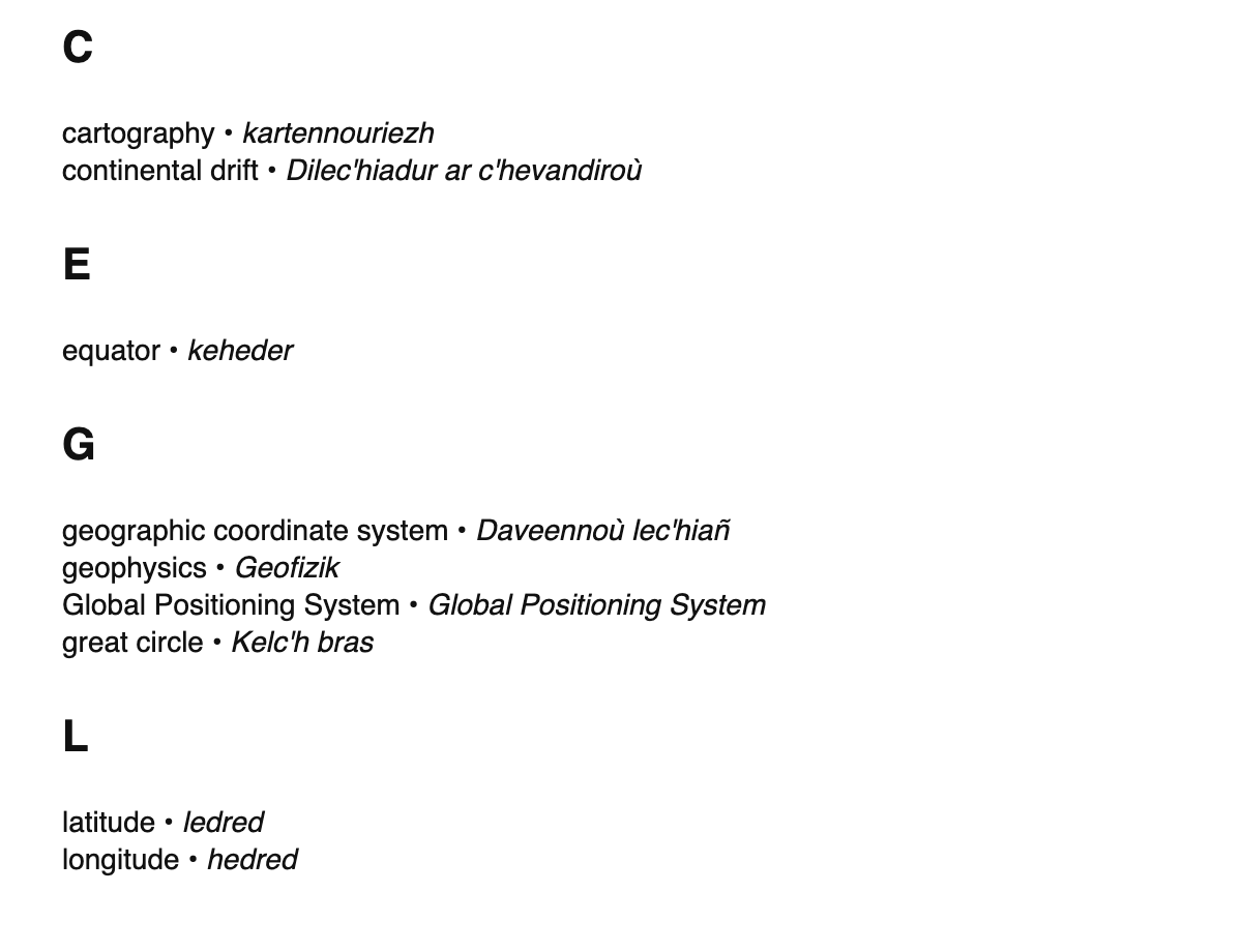 Geodesy terms in Breton