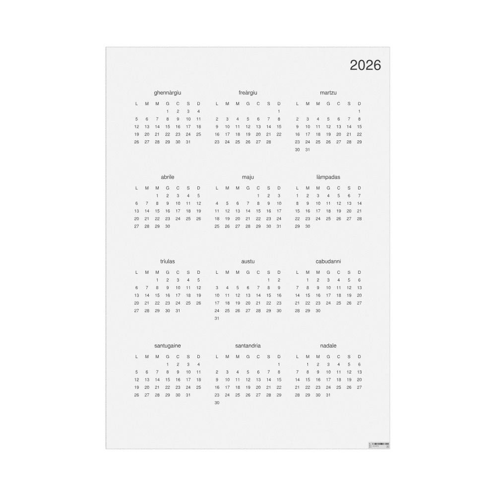 Leskoff 2026 Wall Calendar, Sardinian-Labeled, Monday-Start Layout, Poster / Wall Print, 23.4 x 33.1 in (59.4 x 84.1 cm), image 1 of 1