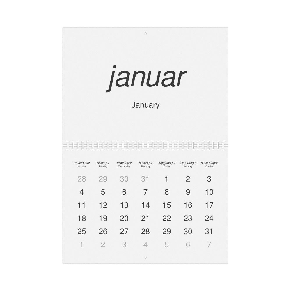 Leskoff 2027 Wall Calendar, Faroese/English-Labeled, Monday-Start Layout, Wire-Bound, 11.7 x 8.3 in (29.7 x 21.0 cm), image 1 of 1
