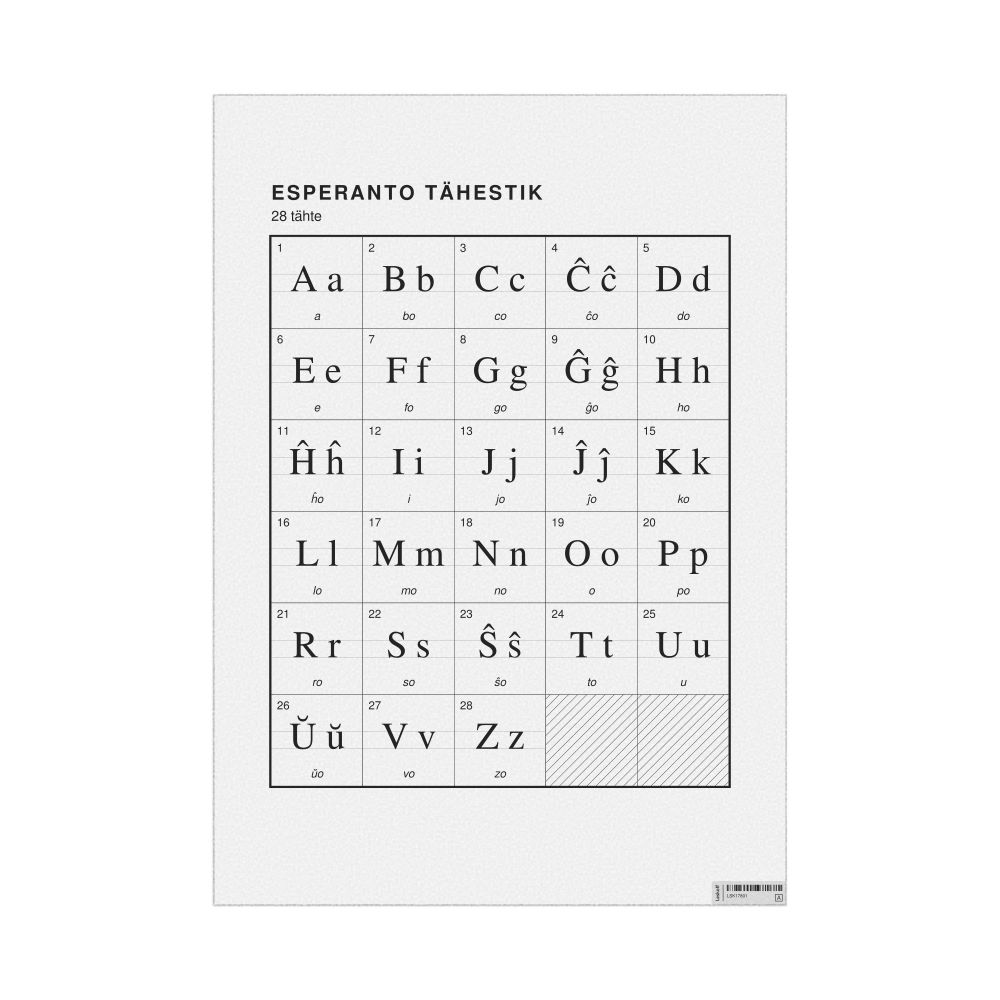Leskoff Esperanto Alphabet Chart, 23.4 x 33.1 in (59.4 x 84.1 cm, Poster / Wall Chart), Estonian-Labeled, image 1 of 2