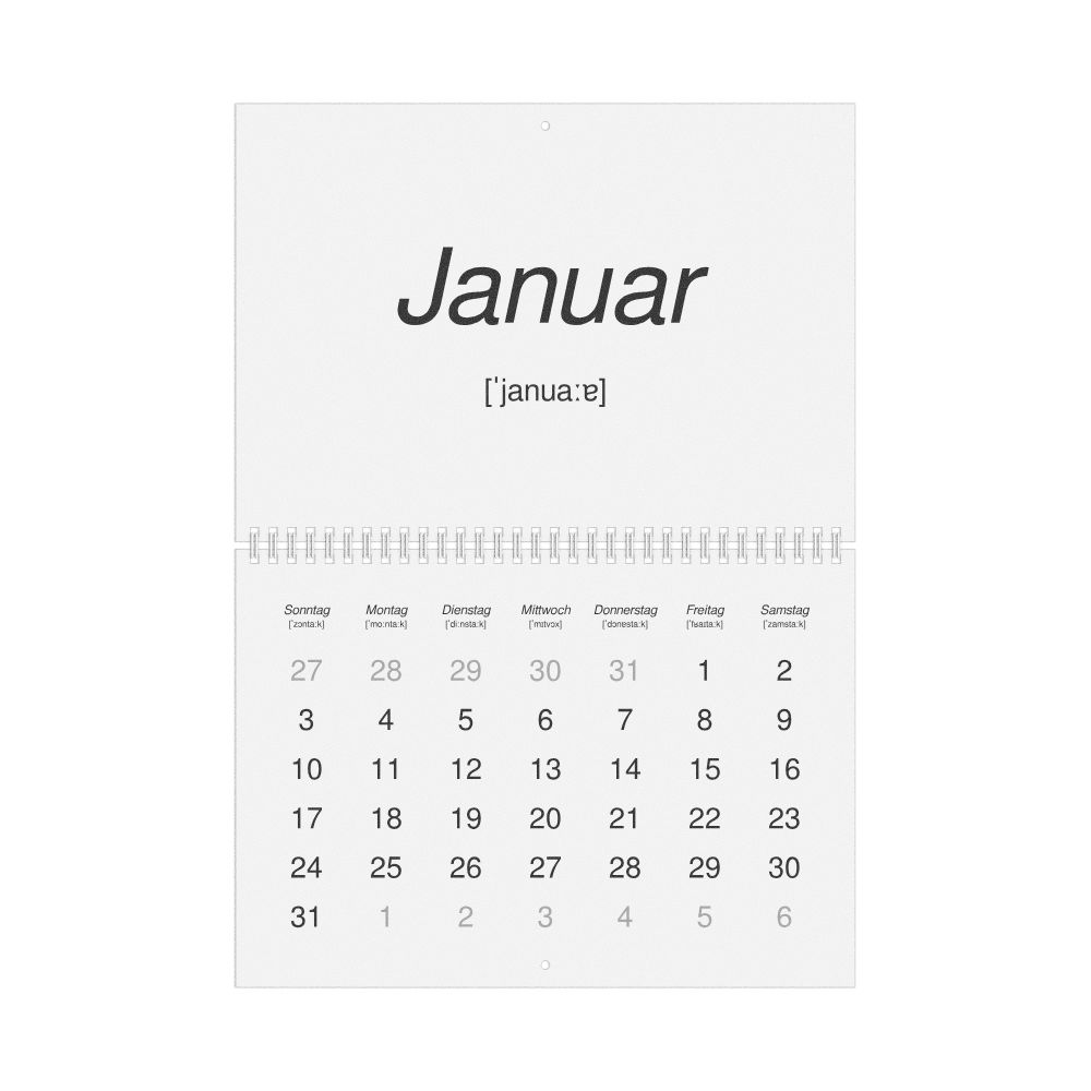 Leskoff 2027 Phonetic Wall Calendar, German-Labeled with IPA, Sunday-Start Layout, Wire-Bound, 11.7 x 8.3 in (29.7 x 21.0 cm), image 1 of 1