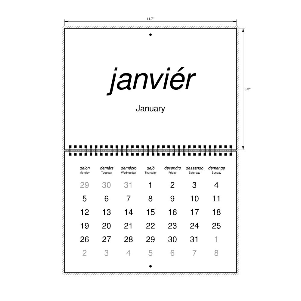 Leskoff 2026 Wall Calendar, Franco-Provençal/English-Labeled, Monday-Start Layout, Wire-Bound, 11.7 x 8.3 in (29.7 x 21.0 cm), image 2 of 2