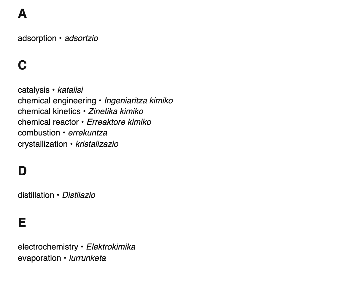 Chemical engineering terms in Basque