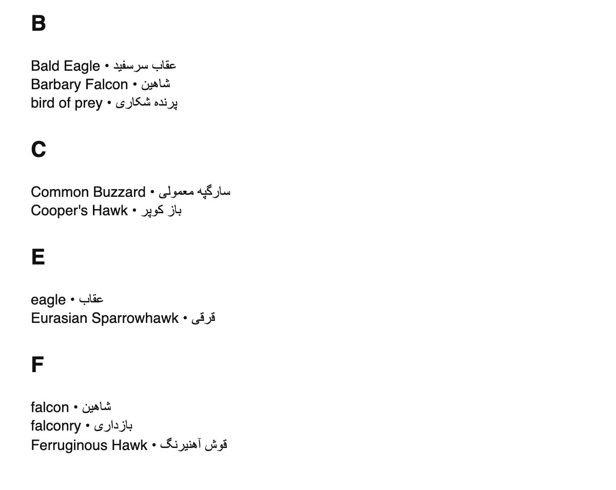 Falconry terms in Persian