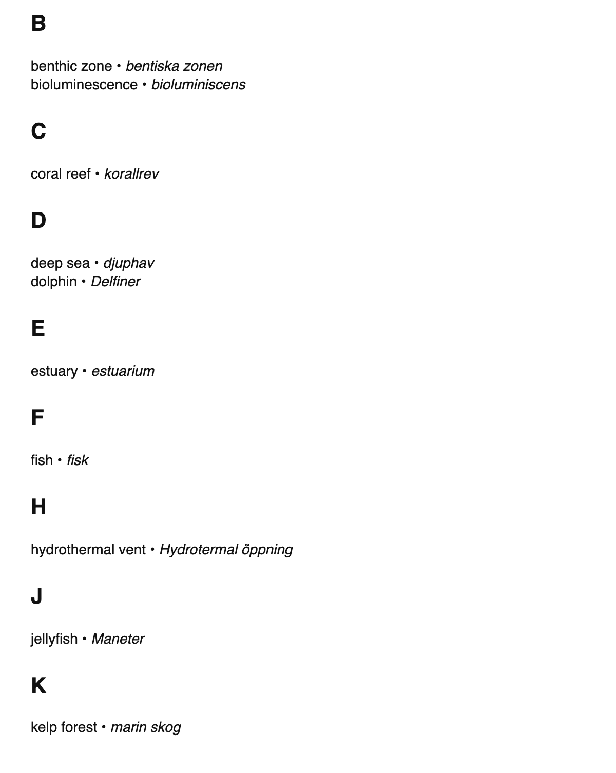 Marine biology terms in Swedish