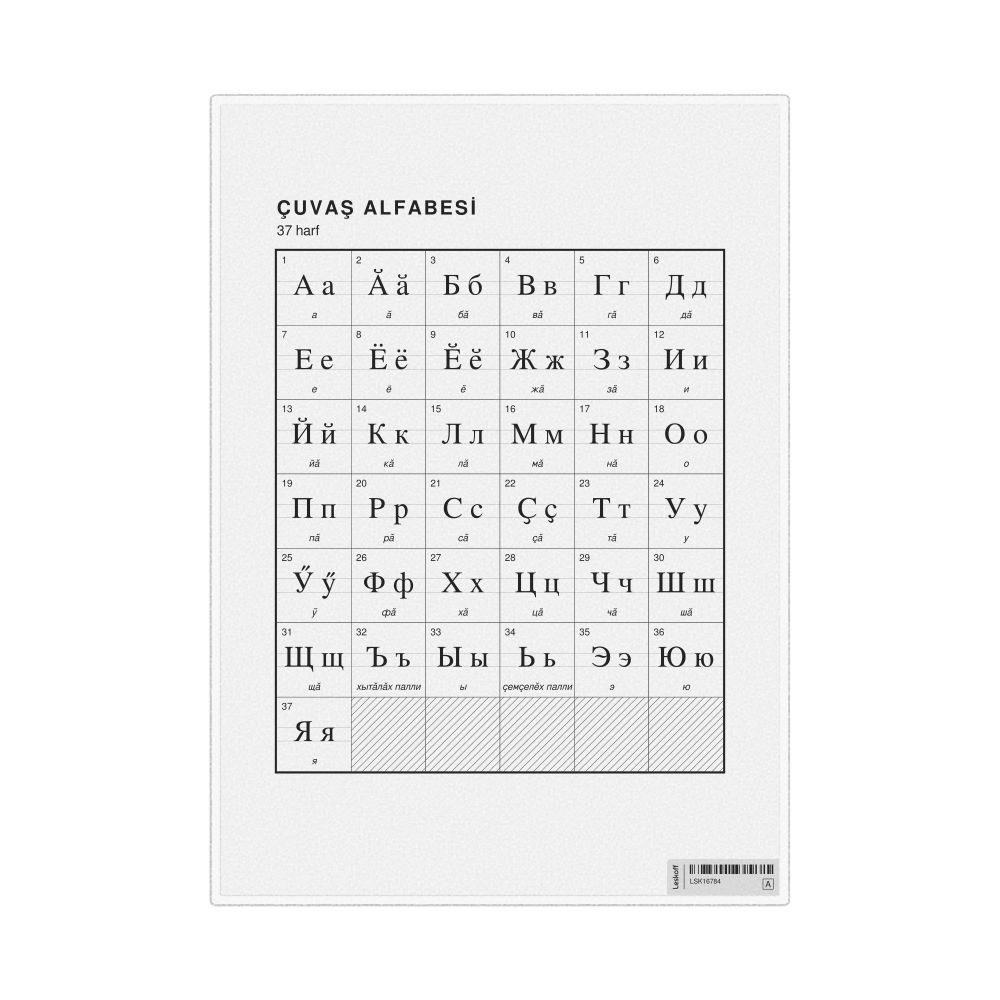 Leskoff Chuvash Alphabet Chart, 8.3 x 11.7 in (21.0 x 29.7 cm, Desk Chart, Laminated), Turkish-Labeled, image 1 of 2
