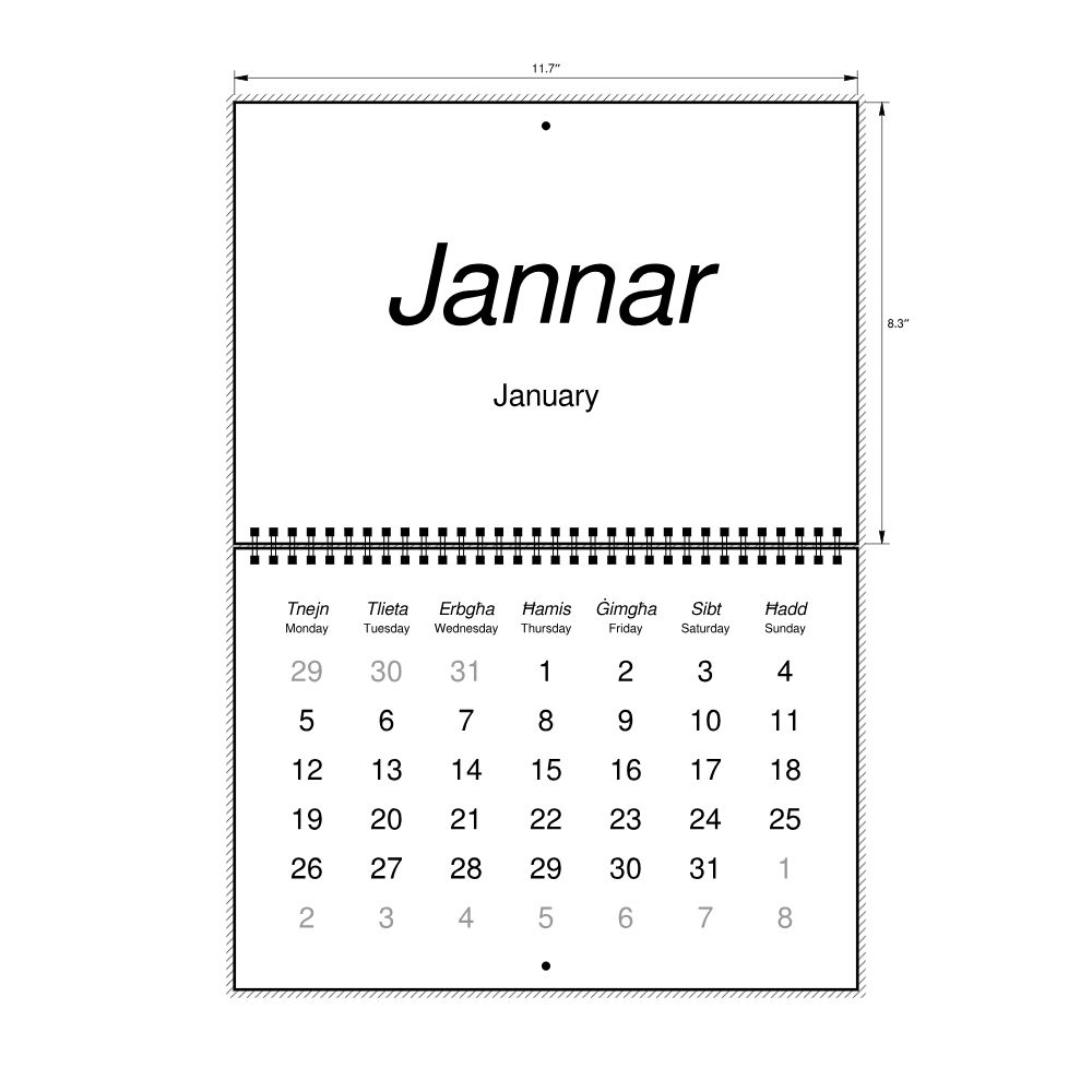 Leskoff 2026 Wall Calendar, Maltese/English-Labeled, Monday-Start Layout, Wire-Bound, 11.7 x 8.3 in (29.7 x 21.0 cm), image 2 of 2