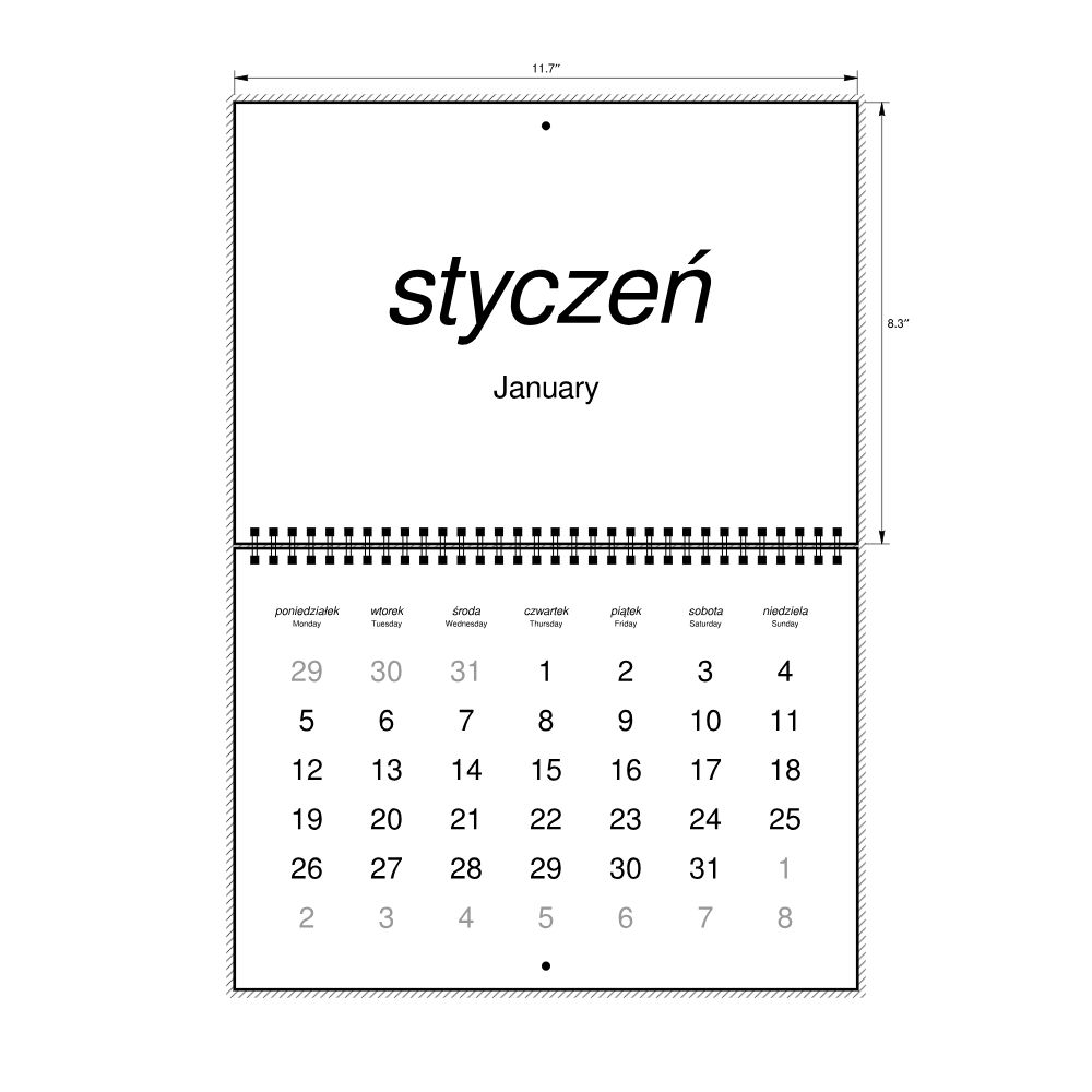 Leskoff 2026 Wall Calendar, Polish/English-Labeled, Monday-Start Layout, Wire-Bound, 11.7 x 8.3 in (29.7 x 21.0 cm), image 2 of 2