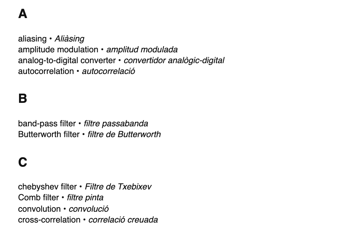 Digital signal processing terms in Catalan