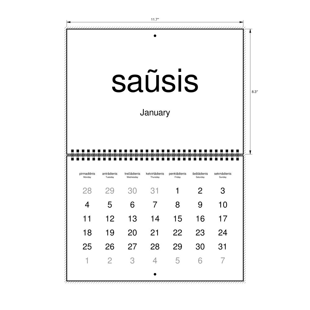 Leskoff 2027 Wall Calendar, Lithuanian (accented)/English-Labeled, Monday-Start Layout, Wire-Bound, 11.7 x 8.3 in (29.7 x 21.0 cm), image 1 of 1