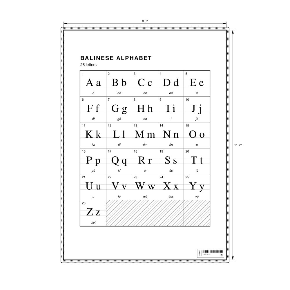 Leskoff Balinese Alphabet Chart, 8.3 x 11.7 in (21.0 x 29.7 cm, Desk Chart, Laminated), image 1 of 2