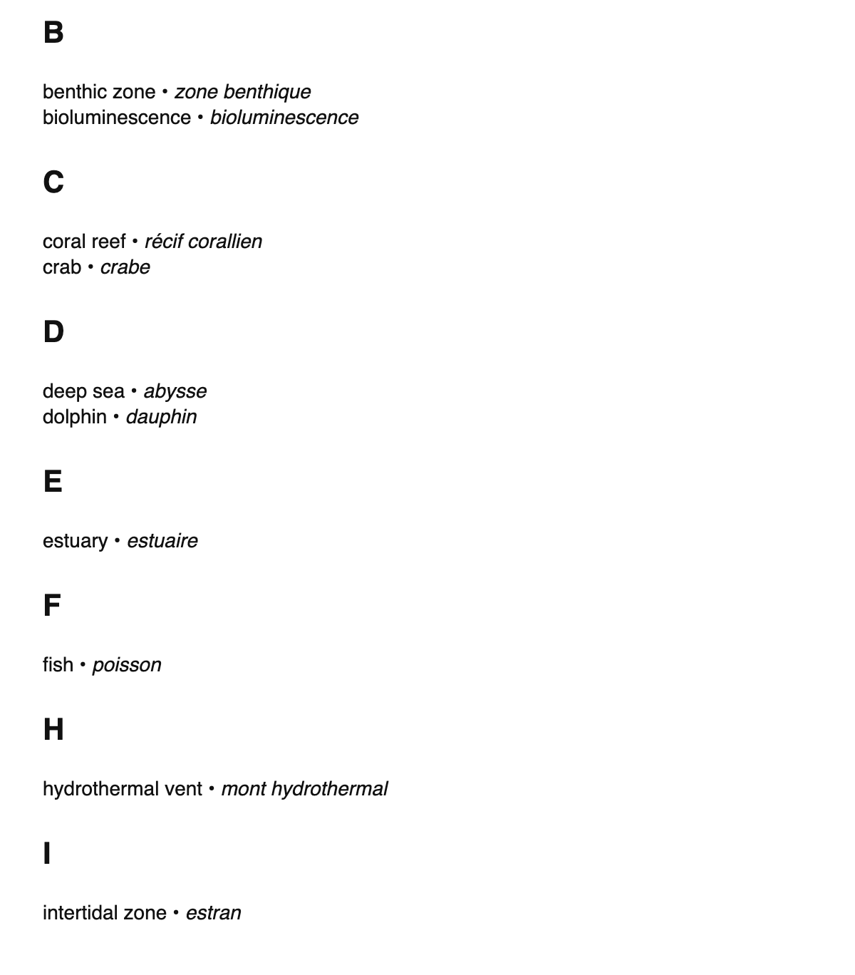 Marine biology terms in French