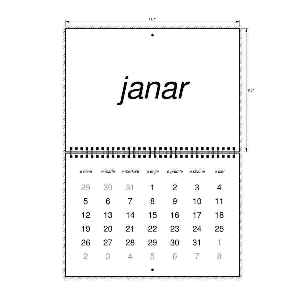 Leskoff 2026 Wall Calendar, Albanian-Labeled, Monday-Start Layout, Wire-Bound, 11.7 x 8.3 in (29.7 x 21.0 cm), image 2 of 2