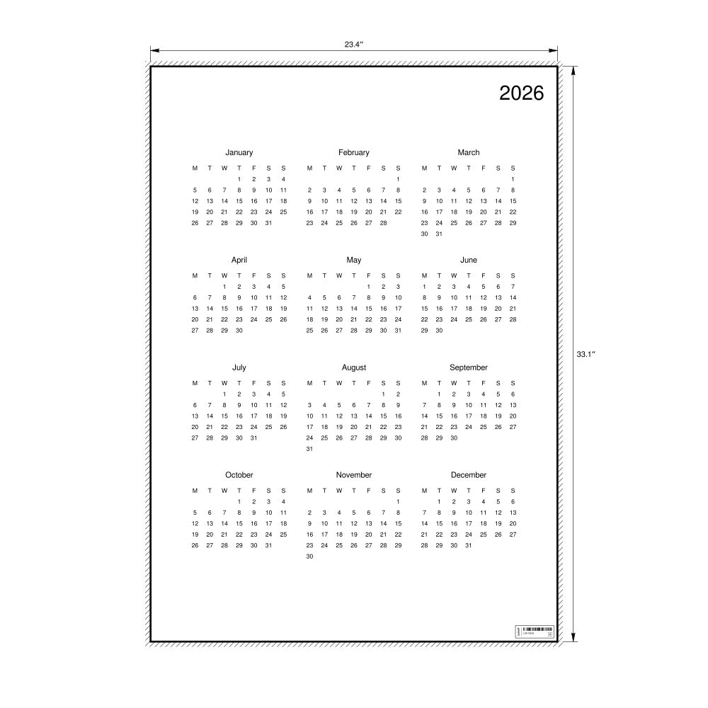 Leskoff 2026 Wall Calendar, English-Labeled, Monday-Start Layout, Poster / Wall Print, 23.4 x 33.1 in (59.4 x 84.1 cm), image 1 of 2