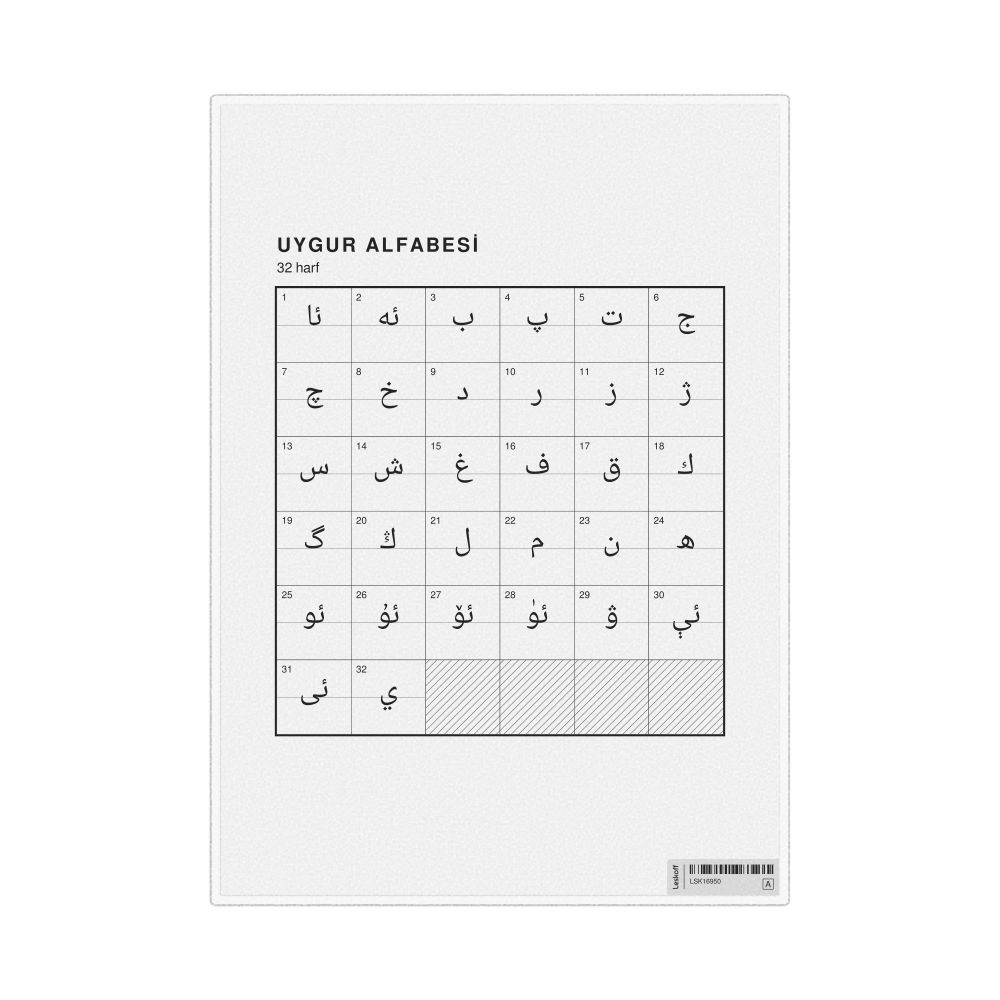Leskoff Uyghur Alphabet Chart, 8.3 x 11.7 in (21.0 x 29.7 cm, Desk Chart, Laminated), Turkish-Labeled, image 1 of 2